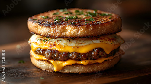Obraz na płótnie Breakfast sandwich with egg, cheese, and sausage on a toasted muffin w salonie