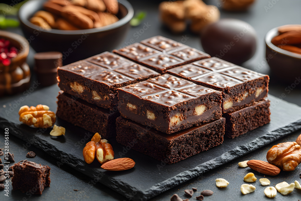 Brownies styled on dark grey background with clean plating and props