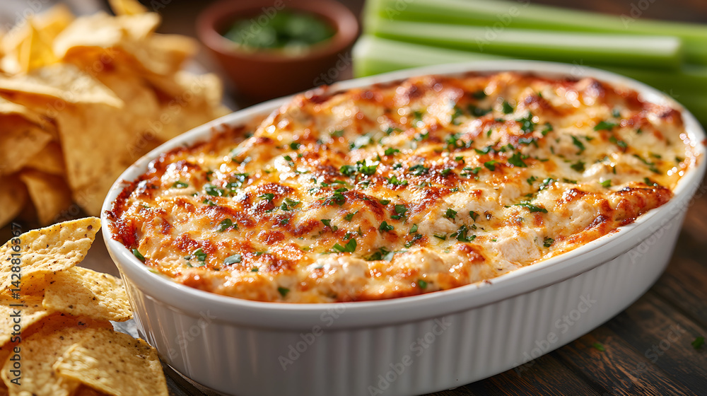 Buffalo chicken dip served with tortilla chips and celery sticks