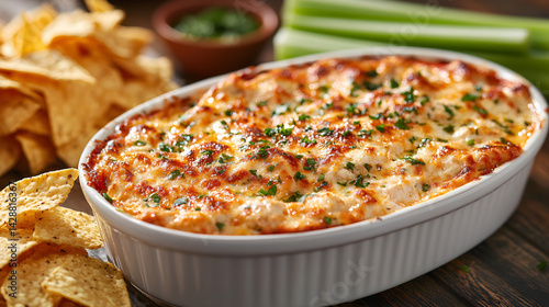 Obraz na płótnie Buffalo chicken dip served with tortilla chips and celery sticks w salonie