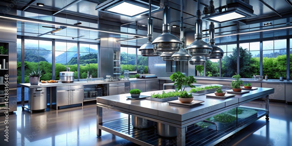 Modern Stainless Steel Kitchen with Integrated Hydroponic System and Abundant Natural Light Modern Stainless Steel Kitchen with Integrated Hydroponic System and Abundant Natural Light