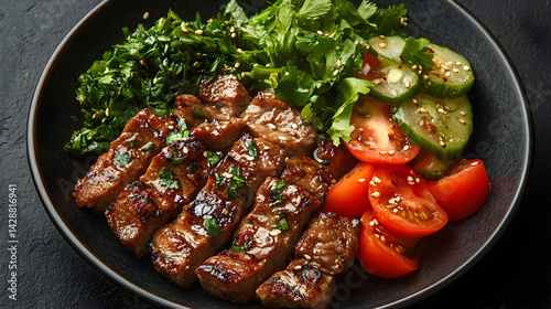 Obraz na płótnie Bulgogi served on dark grey textured plate with fresh garnish top view w salonie