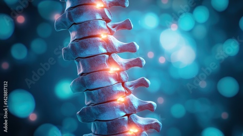 visualization of the human spinal column highlighting vertebral structure and neural pathways presented on a gradient blue backdrop suitable for medical illustration or educational resources