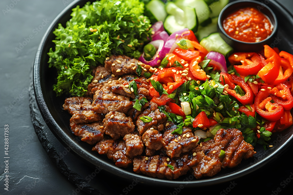 Bulgogi styled on rustic black stone table with side ingredients