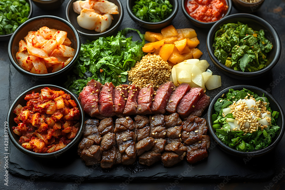 Bulgogi styled on rustic black stone table with side ingredients