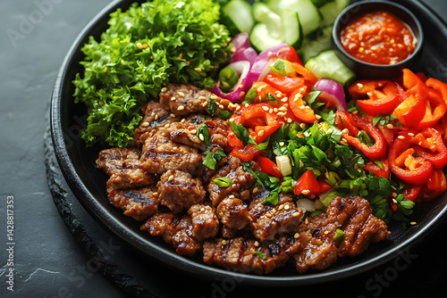 Obraz na płótnie Bulgogi styled on rustic black stone table with side ingredients w salonie