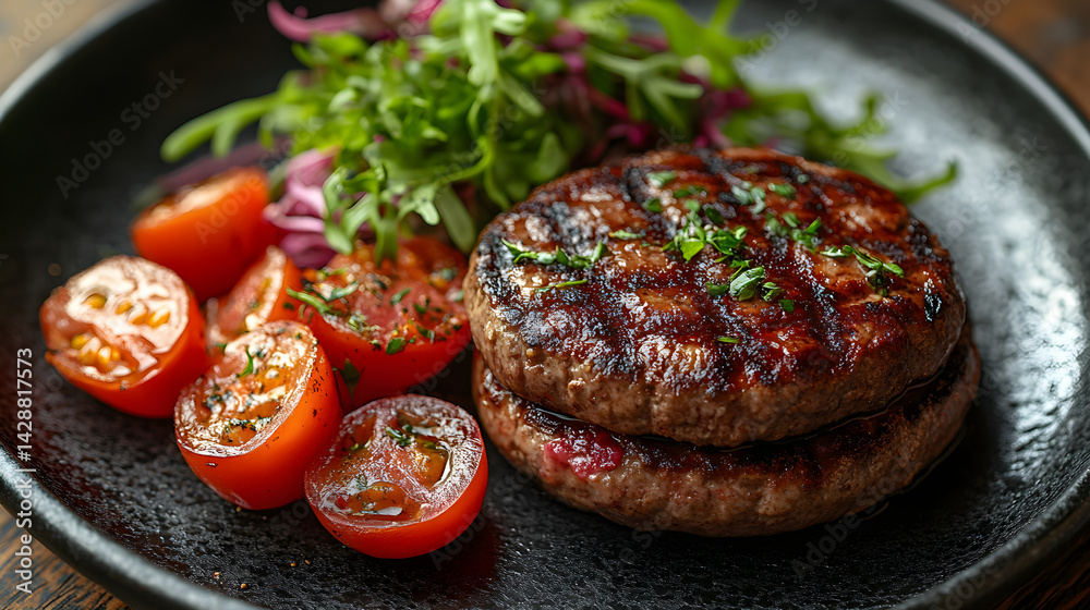 Burger served on dark grey textured plate with fresh garnish top view