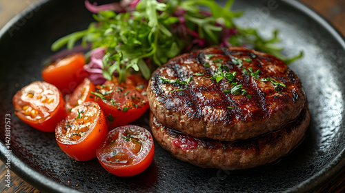 Obraz na płótnie Burger served on dark grey textured plate with fresh garnish top view w salonie