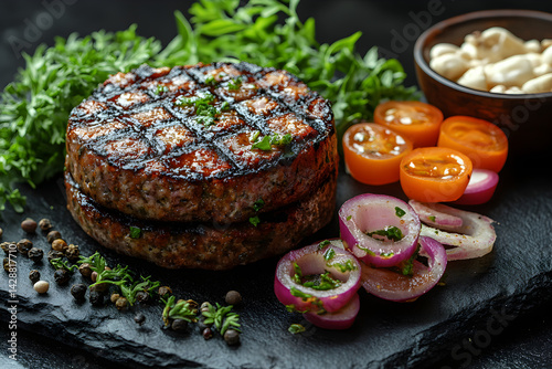Burger styled on rustic black stone table with side ingredients