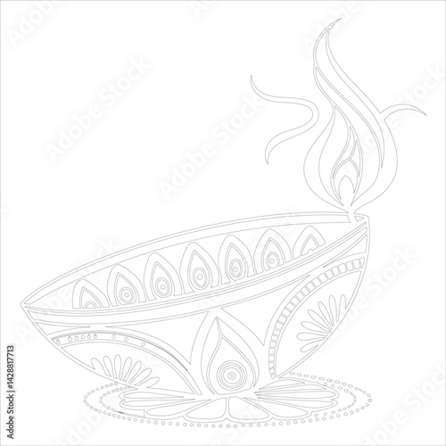Diwali Diya Line Art Silhouette Vector Traditional Oil Lamp Line Art Illustration
