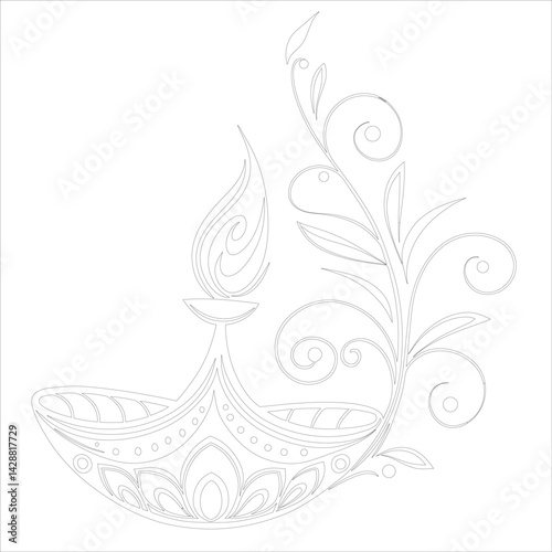 Diwali Diya Line Art Silhouette Vector Traditional Oil Lamp Line Art Illustration