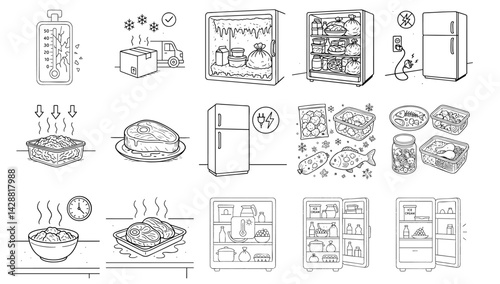 food safety storage risk concept. Illustration of various refrigerator functions and food storage tips.