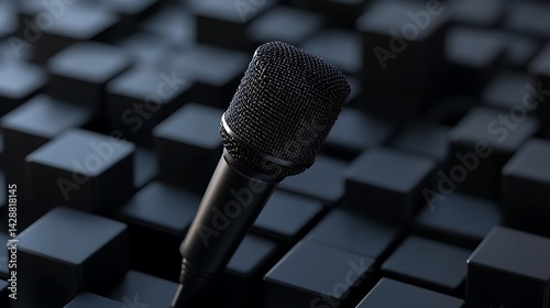 Black Microphone Closeup on Cubes Studio Recording Equipment and Audio Technology