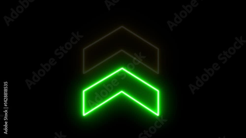 Glowing neon green arrow up directional icon animation. Abstract neon flash lightning arrow uploading animation