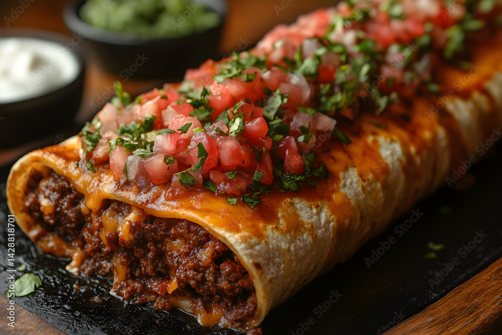 Burritos with a rich beef filling topped with salsa and cheese