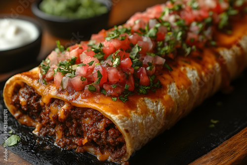 Obraz na płótnie Burritos with a rich beef filling topped with salsa and cheese w salonie