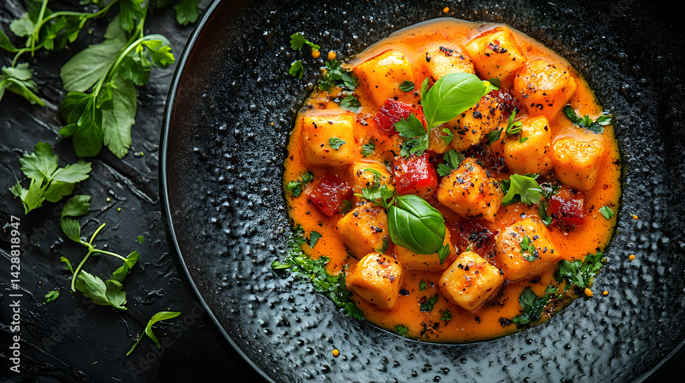 Butter Chicken served on dark grey textured plate with fresh garnish top view