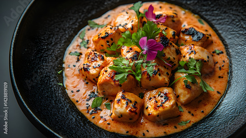 Obraz na płótnie Butter Chicken served on dark grey textured plate with fresh garnish top view w salonie