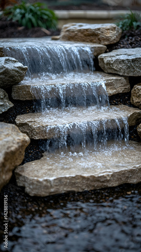 A layered rock formation creating a small waterfall with water flowing down into a pool