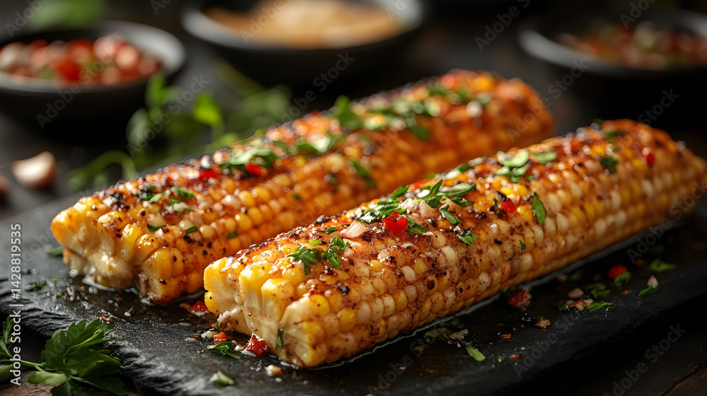 Buttered Corn on the Cob presented on a black textured surface with elegant side garnishing