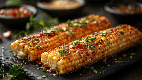 Obraz na płótnie Buttered Corn on the Cob presented on a black textured surface with elegant side garnishing w salonie