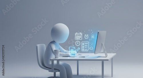 Stickman Organizing Office Workflow on White Background	A stickman efficiently manages office tasks with documents, calendars, and checklists, symbolizing productivity and time management
