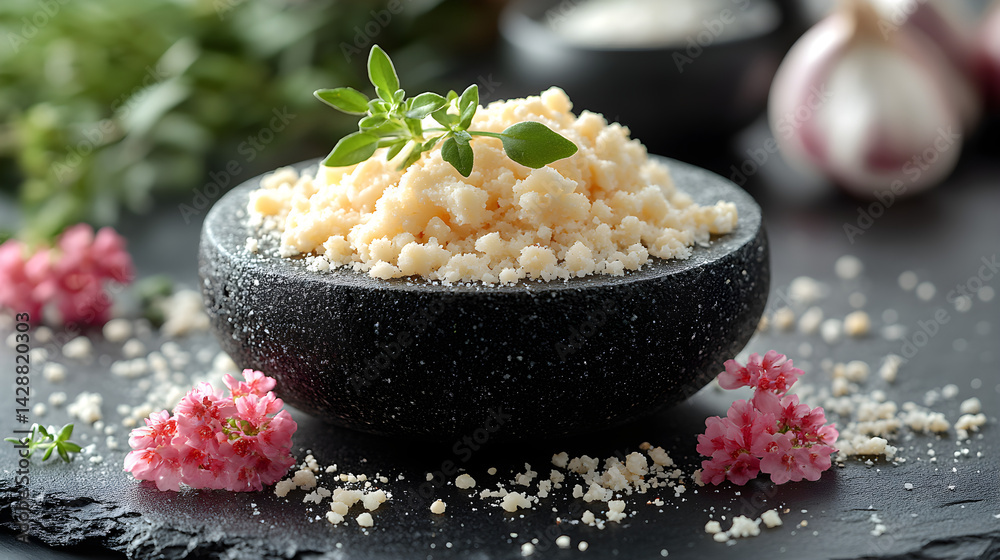 Cacio e Pepe presented on a black textured surface with elegant side garnishing