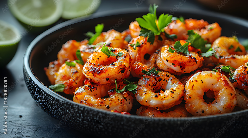 Calamari served on dark grey textured plate with fresh garnish top view