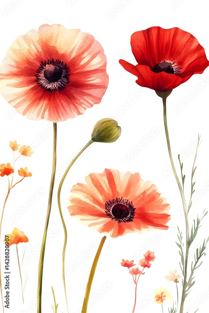 Obraz premium Watercolor Red and Peach Poppies Floral Art Print