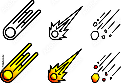 Meteor, Fireball, Shooting Star, and Bolide Vector Set – Simplified Illustrations of Atmospheric Entry Phenomena in Minimalist Style