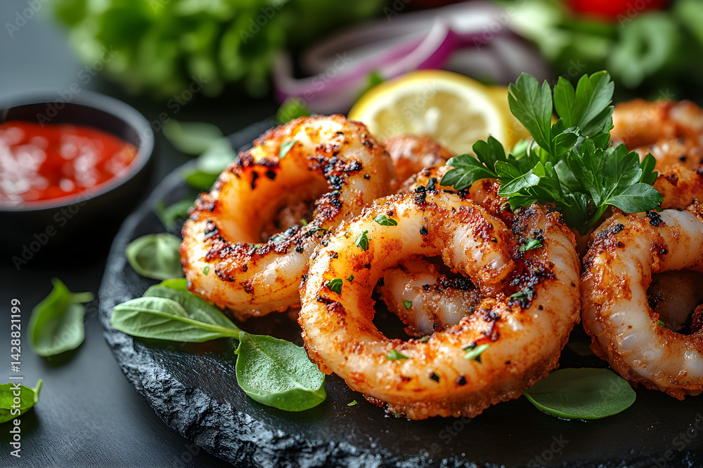 Calamari styled on rustic black stone table with side ingredients