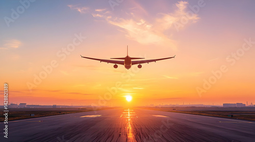 Airplane Landing at Sunset Airport