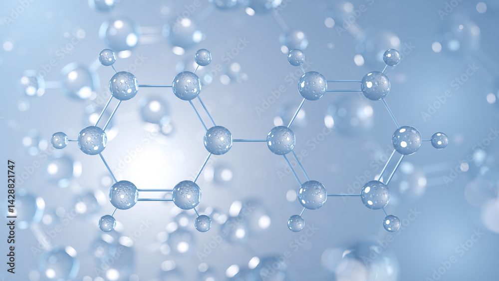 biphenyl molecular structure 3d, aromatic hydrocarbon structural chemical formula view from a microscope