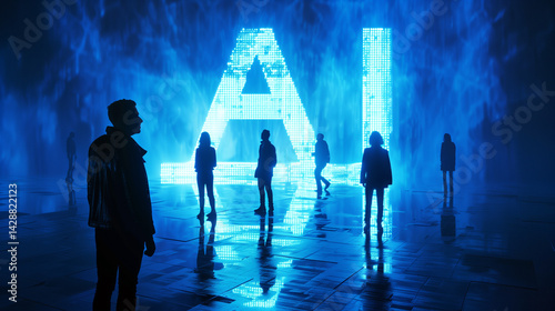 Futuristic scene with glowing blue text 