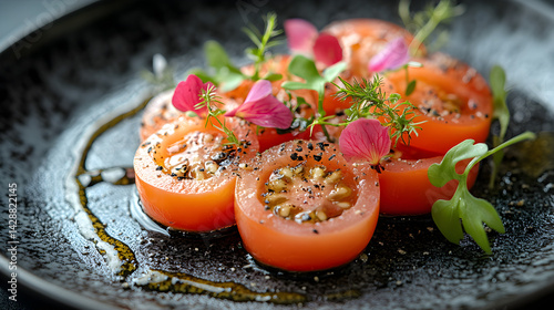 Obraz na płótnie Caprese Salad presented on a black textured surface with elegant side garnishing w salonie