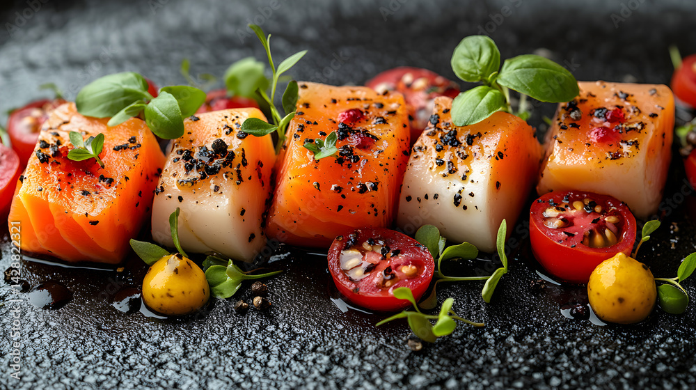 Caprese Salad presented on a black textured surface with elegant side garnishing