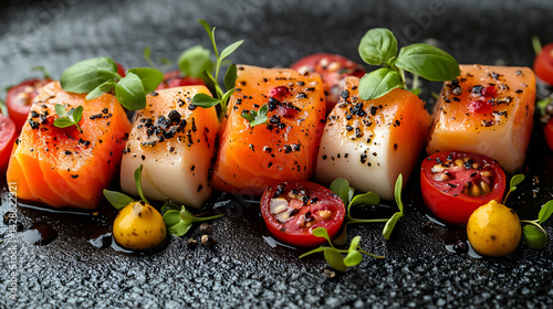 Obraz na płótnie Caprese Salad presented on a black textured surface with elegant side garnishing w salonie