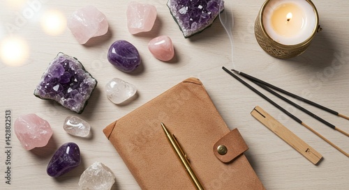 Flat lay of healing crystals and mindfulness journal with incense sticks and candle. Tranquil self-care setup on light wood surface. Peaceful morning energy ritual scene for journaling and reflection.