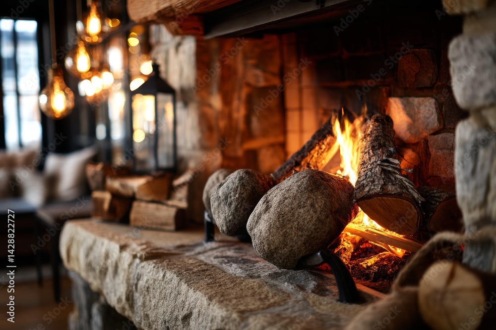 Cozy fireplace with crackling logs and warm lighting for a homely feel.