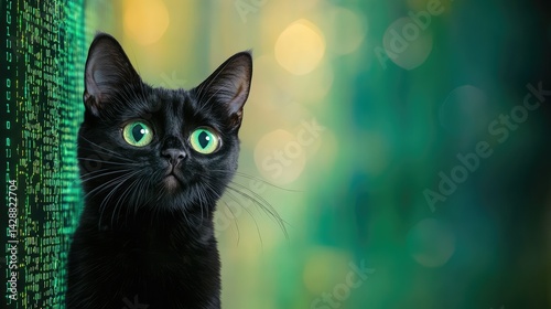 Stylized cyber cat with sharp green eyes analyzing matrix-like code