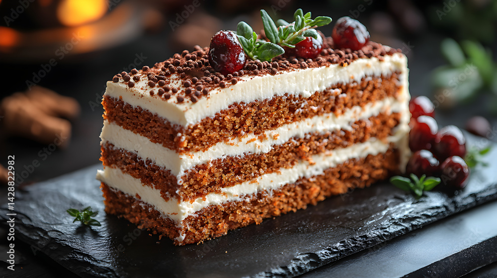 Carrot Cake presented on a black textured surface with elegant side garnishing