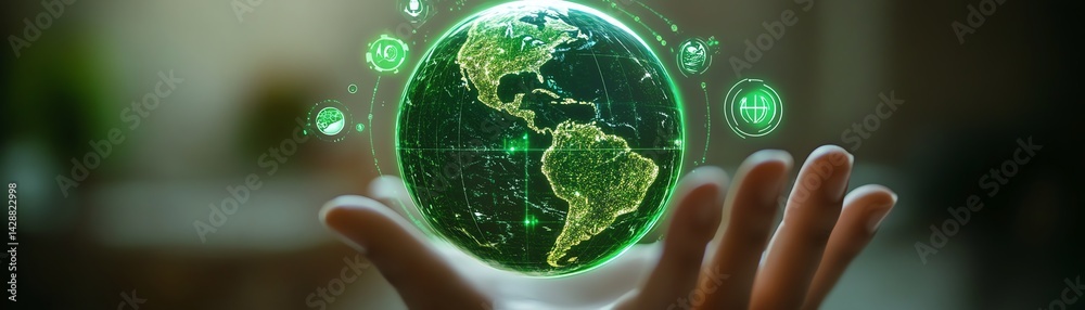 Glowing green Earth held in hand, symbolizes sustainability and technology.
