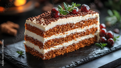 Obraz na płótnie Carrot Cake presented on a black textured surface with elegant side garnishing w salonie