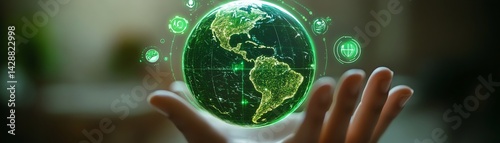 Obraz na płótnie Glowing green Earth held in hand, symbolizes sustainability and technology. w salonie