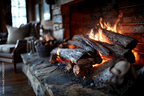 Obraz na płótnie Cozy fireplace with crackling logs and warm lighting for a homely feel. w salonie