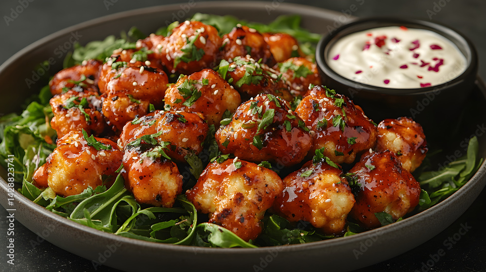 Cauliflower wings with buffalo sauce served on a plate with ranch dressing