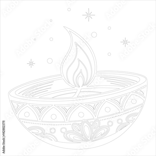 Diwali Diya Line Art Silhouette Vector Traditional Oil Lamp Line Art Illustration