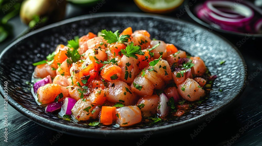 Ceviche served on dark grey textured plate with fresh garnish top view