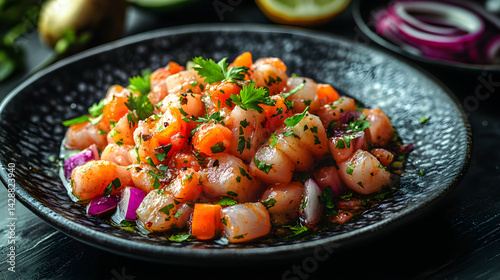 Obraz na płótnie Ceviche served on dark grey textured plate with fresh garnish top view w salonie