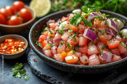 Obraz na płótnie Ceviche styled on rustic black stone table with side ingredients w salonie